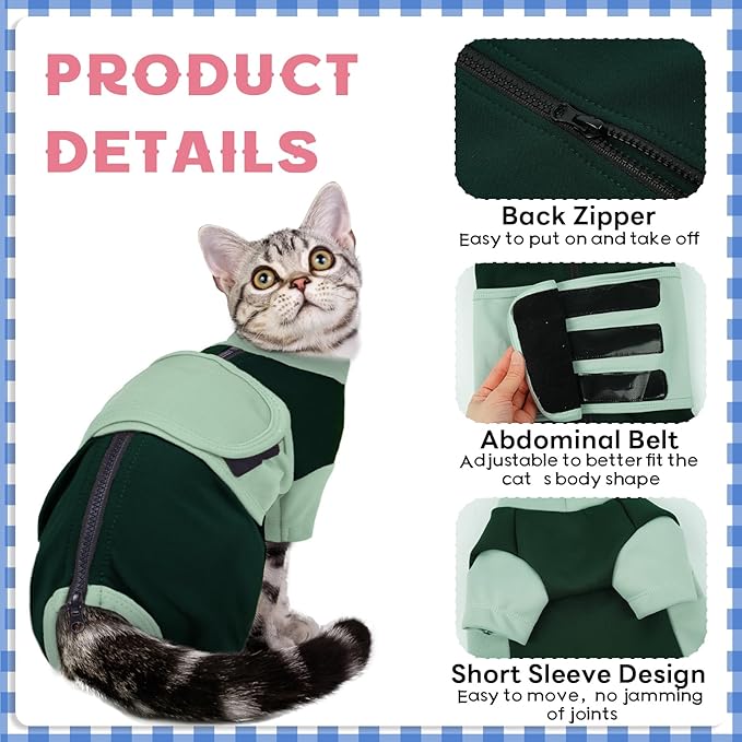 Anxiety Relief Cat Clothes with Zipper, Adjustable Calming Suit, Cat Apparel for Fireworks, Separation, Thunderstorms, Loud Noises, Comfortable Wrap to Reduce Anxiety, Green X-Large