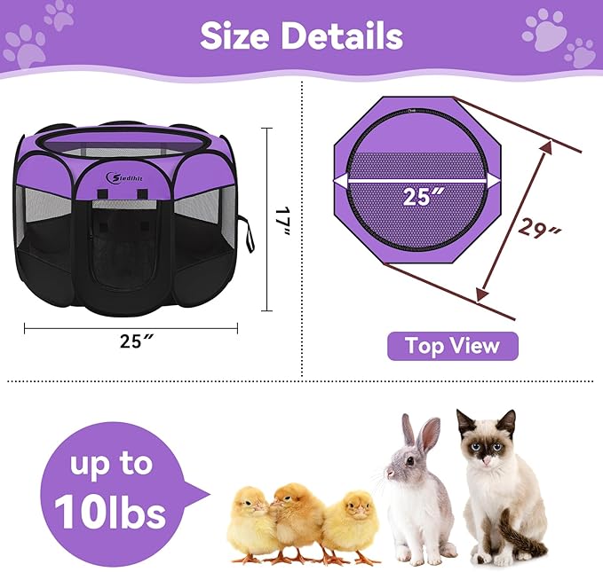 Siedihit Dog Cat Playpen, Puppy Pet Playpen, Small Dogs Tent Crates Cage Indoor/Outdoor, Portable Pop Up Dog Kennel Playpen with Carrying Case for Dogs/Cats/Rabbits,Purple