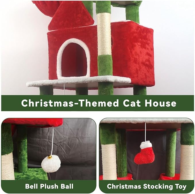 STILLCOVE 63" Large Christmas Cat Tree Tower Indoor: Tall Modern Cute Heavy Duty Cat Condo House with Scratching Post & Hammock for Maine Coon