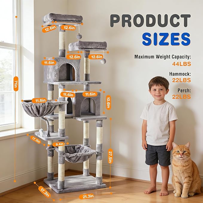 71in Extra Large Cat Tree Tower, Multi-Level Tall Cat Tower with Scratching Post/Hammock/Plush Condo/Pompoms/Wide Base, Heavy Duty Cats Tree for 20lb+ Large Adult Cats/Kittens, Light Grey