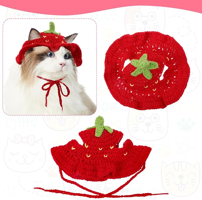 Piriuuo Strawberry Cat Hat, Cotton & Soft Cute Knitted Hats for Cats Strawberry Crochet Cat Hats for Cats Only Cute Puppy Hat for Small Pets on Christmas Birthday Party Halloween (Red, S)
