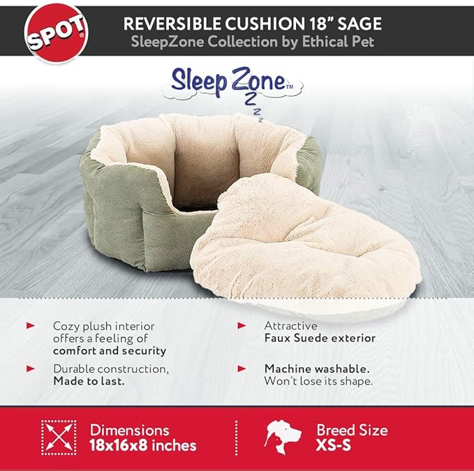 SPOT Sleep Zone Small Pet Bed - High Wall, Reversible Cushion Bed for Indoor Cats & Small Dogs, Durable Faux Suede, Machine Washable for Pets Under 10lbs and 15 inches Long - 18x16in, Sage Green