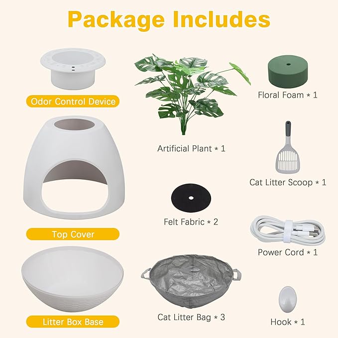 Eggloa6 Extra Large Hidden Litter Box with Plant Décor – Premium Litter Box Furniture with Smart Odor Control, 3PCS Cat Litter Box Liners for Ultimate Comfort and Cleanliness (White)