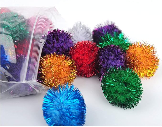 VOVIGGOL 20 Pack 2 Inches Sparkle Balls for Cats, Large Size, Glitter Pom Poms Fuzzy Balls for Cats, Kitten Indoor Assorted Color Random