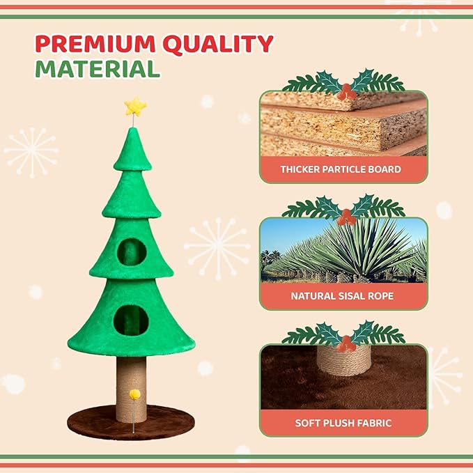 VINGLI 59in Large Christmas Tree Cat Tower for Indoor Cats, Green Cat Tree with 2 Cat Condos & Scratching Post, Soft Fleece Multi-Level Cat Tower with Teaser Toy, Sturdy Wide Base & Built-in Openings
