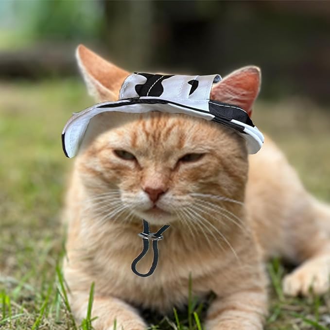 Pet Hat with Ear Holes Sunscreen Cap, Adjustable String Dog Cat Summer Sun Hat,Cat Dog Bucket Hat for Birthday Party Costume Decoration Outdoor Hiking (Black & White, Large)