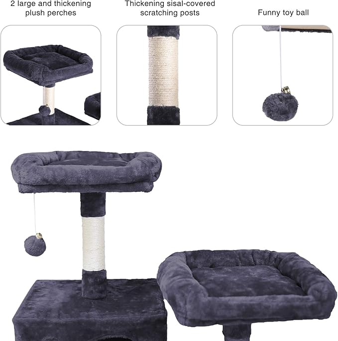 Hey-brother Large Multi-Level Cat Tree Condo Furniture with Sisal-Covered Scratching Posts, 2 Bigger Plush Condos, Perch Hammock for Kittens, Cats and Pets Smoky Gray MPJ020G