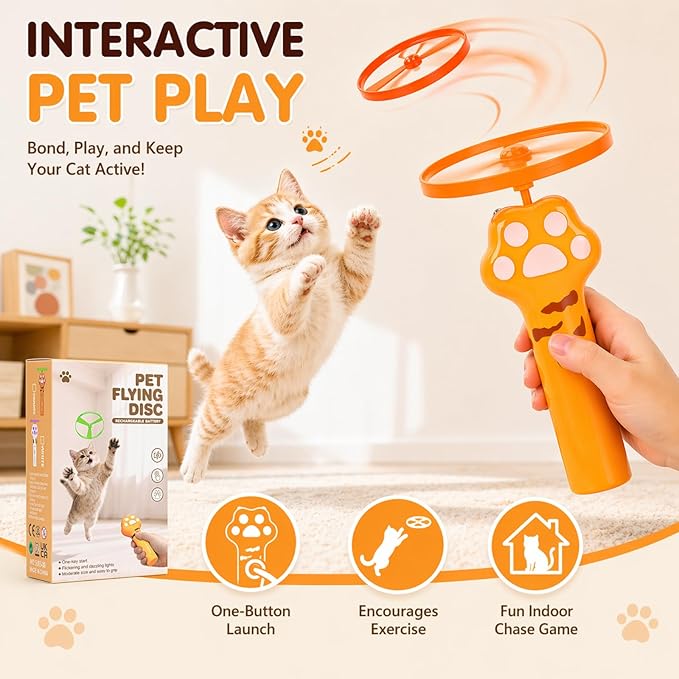 Cat Fetch Toy, Rechargeable Flying Disc Launcher Toy with 6 Flying Discs, Interactive Cat Toy for Indoor Cats, Cat Chase Toy for Bored Indoor Cats, Kittens & Adult Cats