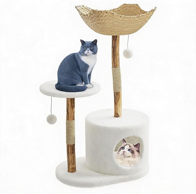 Wood Cat Tree Tower with Natural Wicker Apartment & Scratching Post – Indoor Cat Furniture with Cozy Bed, Aesthetic Tree Frame for Living Room