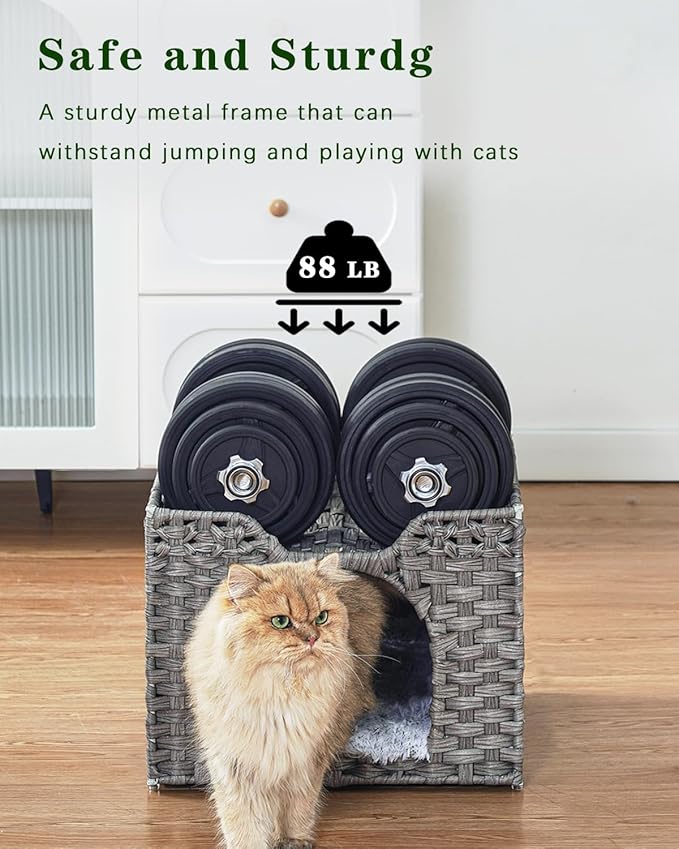SETVSON Cat Beds Indoor Kitten House, Handwoven Rattan Cat Cave Pet Cube, Large Cat Houses, One Bed Mat, Foldable, Hideaway, 16.5x16.5x13.2 Inches, 2 S-Shaped Hooks in Living Room Bedroom Gray