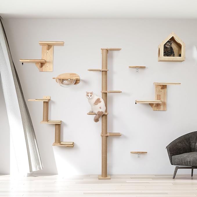 FUKUMARU Cat Wall Shelves, 2 Platform Kitten Wall Furniture, Tree Shape Wall-Mounted Floating Shelf with Sisal Mat, Solid Rubber Wood Cats Perch for 16 Inch Drywall, Suitable for Climb, Play, Nap