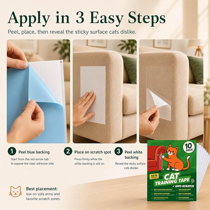 Cat Scratch Deterrent Tape – 10 Double-Sided Anti-Scratching Sticky Tape – Protect Furniture & Train Cats to Stop Scratching – Effective Cat Training Tape for Sofas & Couches