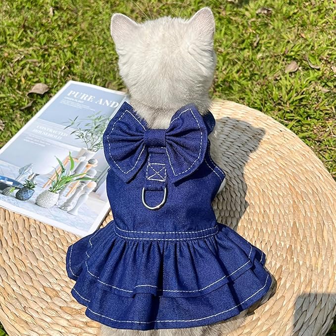Denim Pet Dress & Vest Harness for Dog Cat, Male Female Universal with D-Ring, Bow Decor Ruffled Skirt Breathable Clothes for Small to Large Pets (X-Small, Skirt-Blue Denim)