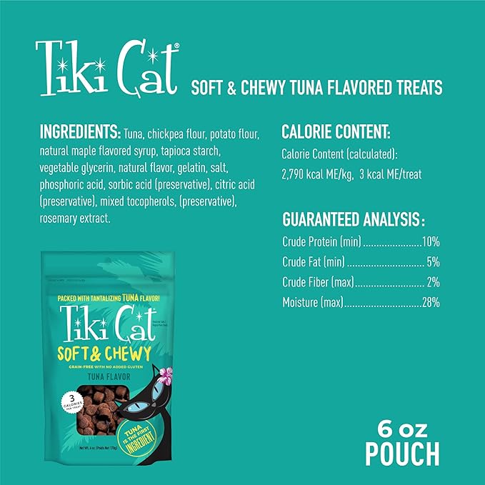 Tiki Cat Soft & Chewy Treats, Tuna Flavor, 3 Calories Per Treat with Grain-Free and No Added Gluten, 6 oz Pouch (Pack of 2)