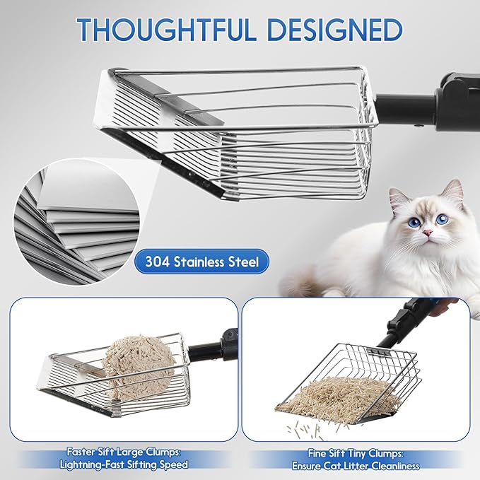 Polarduck Cat Litter Scoop Long Handle: 22"-40.5" Extendable Metal Cat Poop Scooper with Deep Shovel for Litter Box Durable Heavy Duty Cat Litter Shovel for Easy Sifting