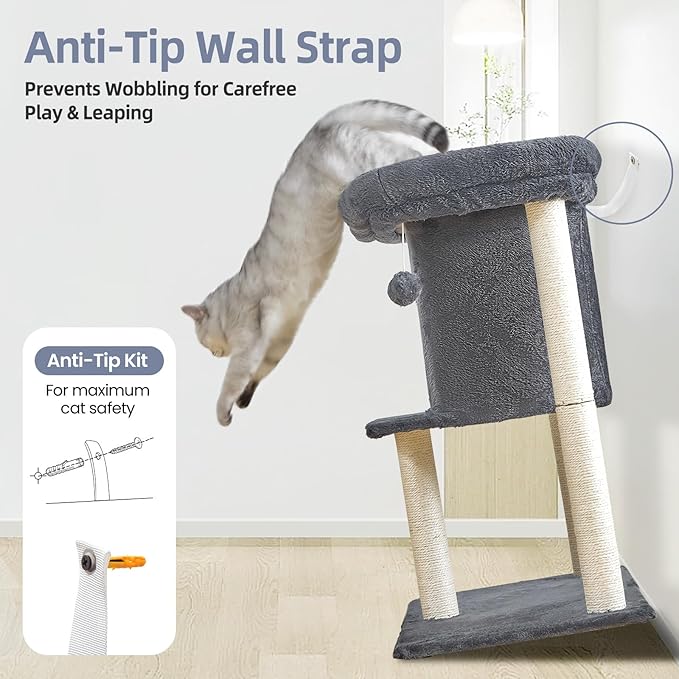 Cat Tree Tower Scratching Post for Indoor Large Cats, Small Cat Tree with Big Perch Bed, 28in Tall Trees House with Condo Cave, Toy Balls, Modern Climbing Furniture Platform for Kitten (Dark Gray)