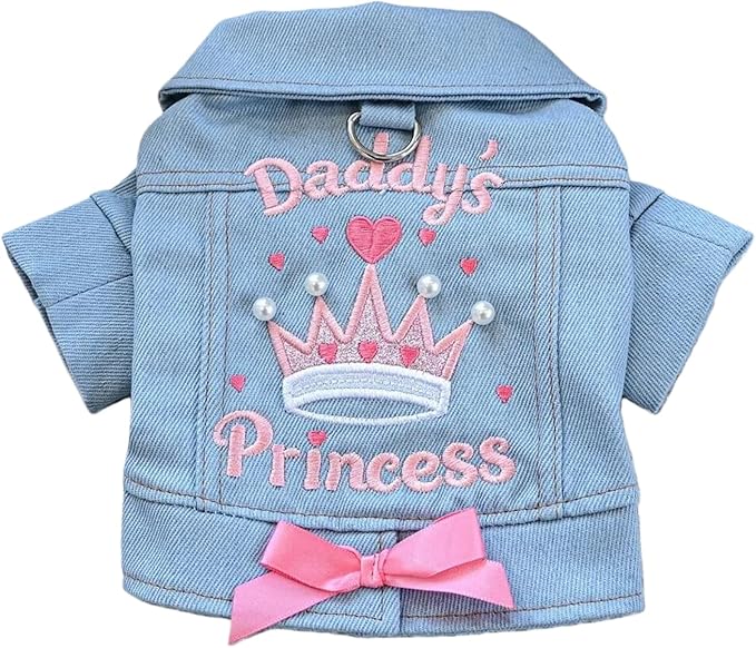 Denim Dog Jacket for Small Dogs & Cats, “Daddy’s Princess” Embroidered Pet Coat with Pearls & Bow, Light Blue Jean Outfit with D-Ring, Cute Apparel for Walks, Photos, Parties & Holidays(S)