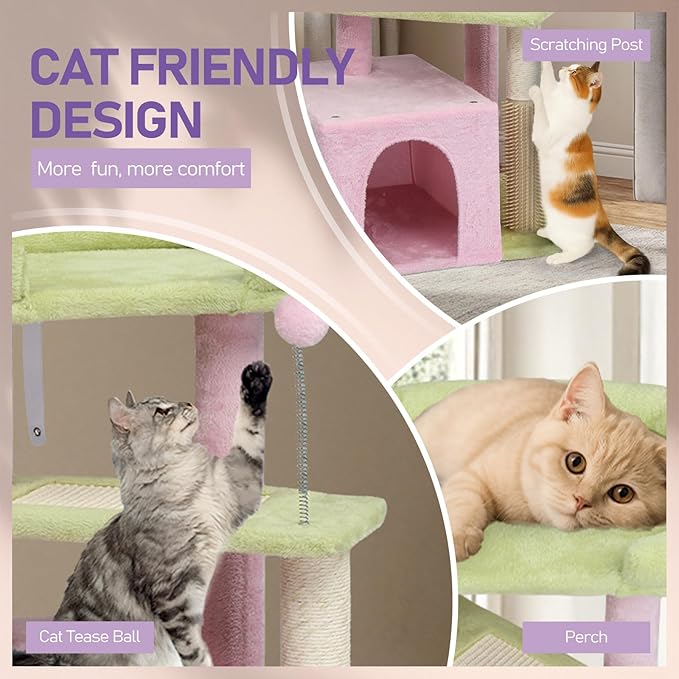 Cat Tree, Carpet Cat Tower for Indoors Cats, Cute Wood Kitty Condo with Scratching Post and Pad, Multi-Level Modern Activity Climbing Furniture for Small and Medium Cats (Pink)