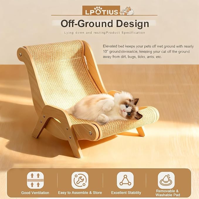 Elevated Cat Bed with Wooden Frame, Natural Hemp Rope, Scratch-Resistant Pet Lounger for Indoor Cats, Breathable Kitty Nap Furniture