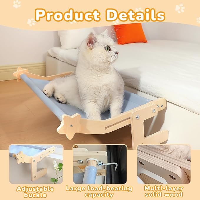 Cat Window Perch for Large Cats, Heavy Duty Hammock Bed No Drill Design, Solid Wood Frame Seat with Metal Hooks, Adjustable Windowsill or Bedside Use, Washable Cushion for Indoor Pets