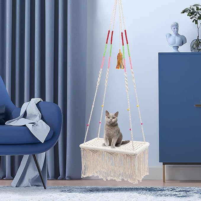 KALLORY Macrame Cat Hammock Bed Hanging Cotton Rope Swing Bohemian Style Decorative Cat Accessory Indoor Kitten Furniture