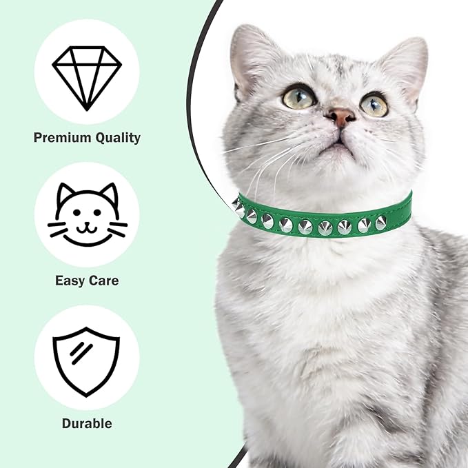 Leather Cat Collars for Boy Girl Cats with Bell and Safety Elastic Belt, Personalized Rivets Stud Adjustable Safe Buckle Collar with Skull Charm for Kitty Small Pets, Green