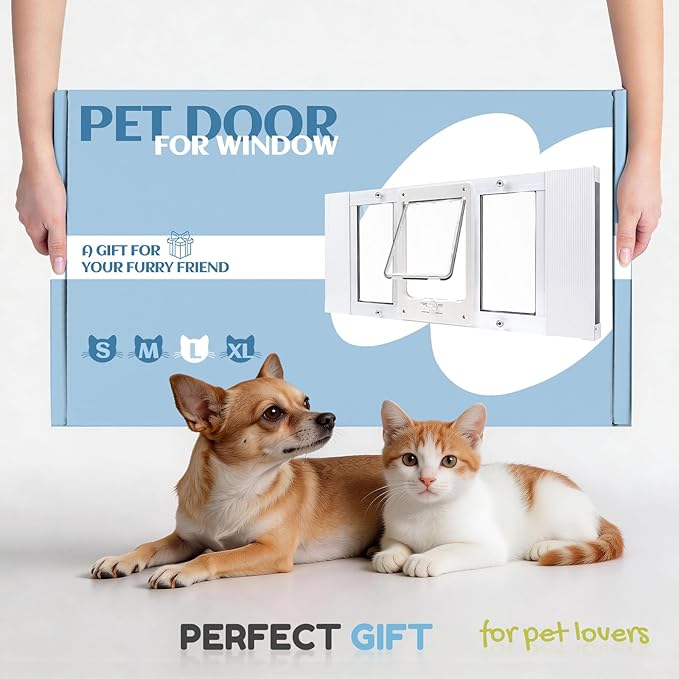 Full-Size Window Pet Door for Cats & Small Dogs, Fits 28"-32" Width Windows, No Damage Cat Door for Window, Lockable Window Mount Cat Door, Weatherproof Cat Door Window Insert Horizontal