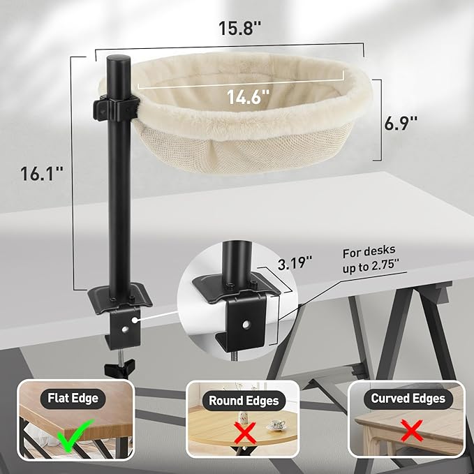 Cat Desk Bed, 360° Swivel Adjustable Height Cat Bed, Space-Saving Heavy Duty Steel Clamp-On Various Desktops, Soft Rabbit Faux Fur with Dual-Sided Reversible Mat, Cats Desk Hammock for Large & Kitten