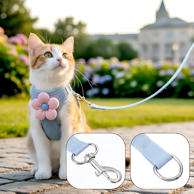Cat Harness and Leash Set, Escape Proof Safe Kitten Vest Harnesses Adjustable Comfy Breathable Soft Mesh Step-in Jacket with Flower for Small Pet Kitty Puppy Dogs Bunny Walking