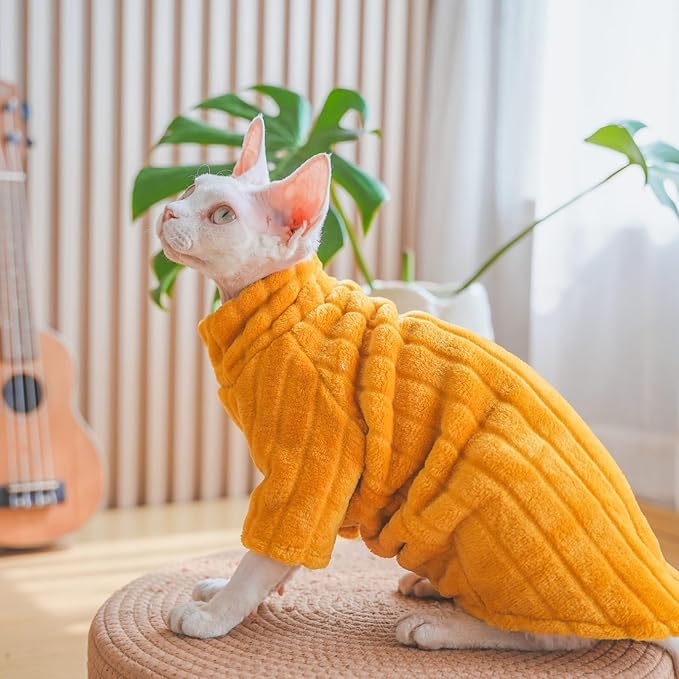 Turtleneck Sweater for Sphynx Cat Soft Coral Fleece Cat Clothes Thick Winter Warm Outfit Coat for Hairless Cats and Small Dogs Apparel with Sleeves (Orange, M (5-7 lbs))