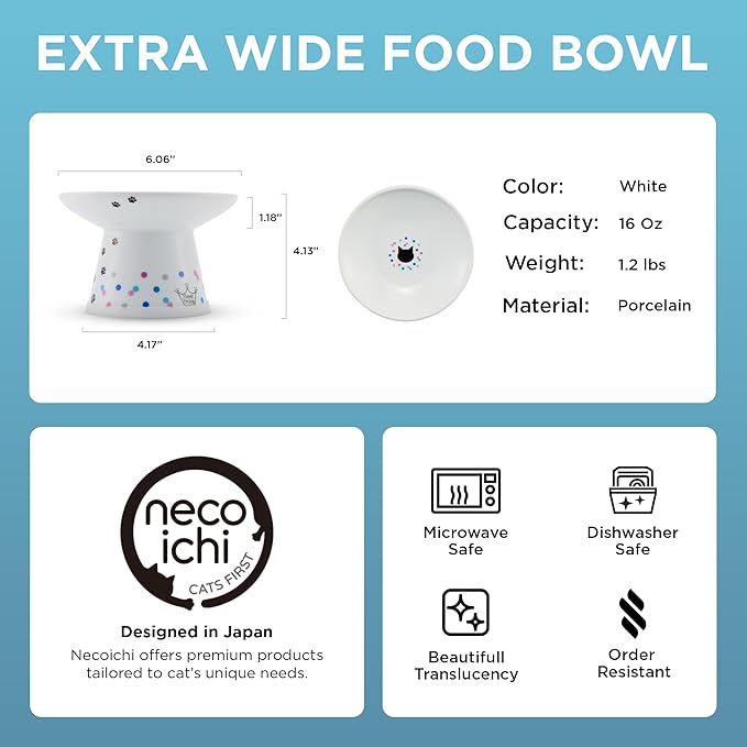 Necoichi Raised Cat Food Bowl Ceramic Elevated Cat Bowl for Whisker & Neck Fatigue, Dishwasher Microwave Safe Non-Slip & Anti Vomiting Ergonomic Design (Colorful Dots, Extra Wide, 2-Cups Capacity)