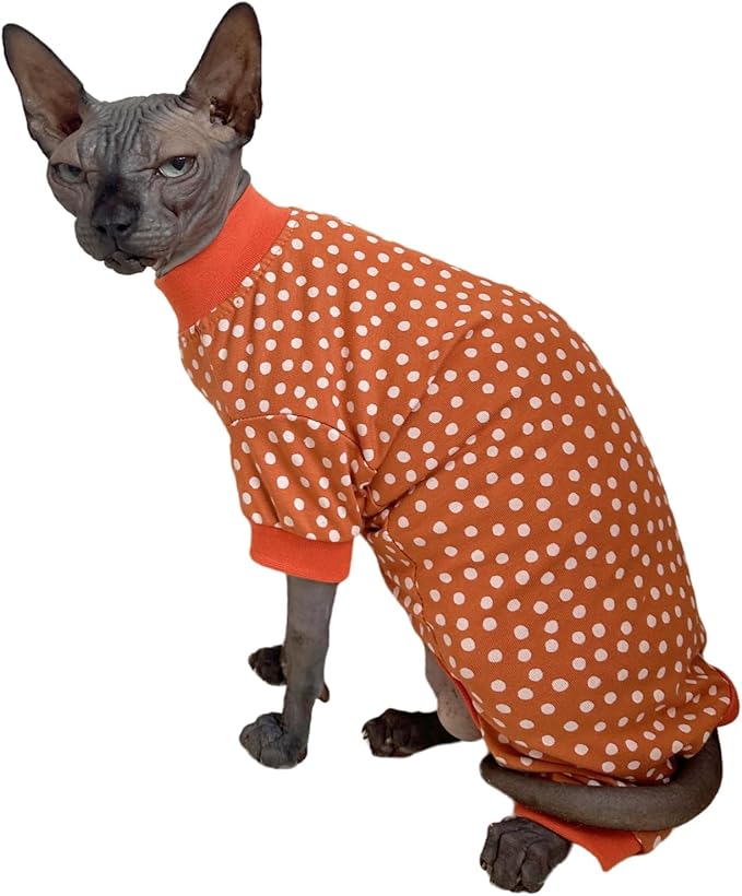 Sphynx Cat Four Leg Cotton Pajamas Elastic Pet Clothes for Hairless Cats Surgery Recovery Suit Undershirt Thermal Clothes for Sphynx, Devon, Cornish (White Dots, S)