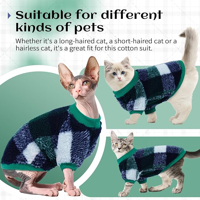 Sphynx Cat Sweater, Soft Fleece Pullover with Sleeves, Warm & Elastic Pet Clothes for Hairless Cats and Small Kittens, Cozy Winter Outfit Green XL