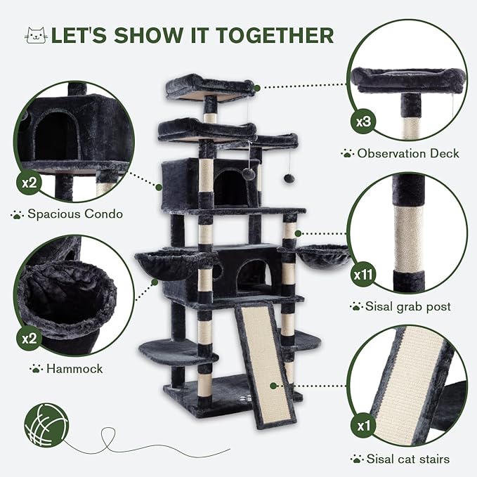 IMUsee 68 Inches Multi-Level Large Cat Tree for Large Kitties/Big Cat Tower with Condo/Cozy Plush Perches/Sisal Scratching Posts and Hammocks/ ‌Feline Activity Center Play House/Smoky Grey