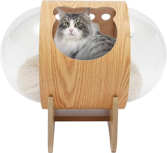 Space Capsule Cat House, Cat Dog Wooden Modern Pet Bed with Cushion, Cats Nest & Kennel Wooden Furniture for About 8.5kg/18.74lbs Cats