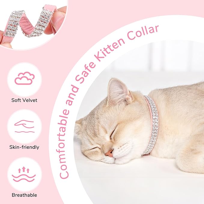 BINGPET Diamond Cat Collar with Bell, Adjustable Soft Velvet Bling Rhinestone Cat Collar, Sparkly Kitten Collar with Safety Elastic & Metal Buckle for Small Medium Cats