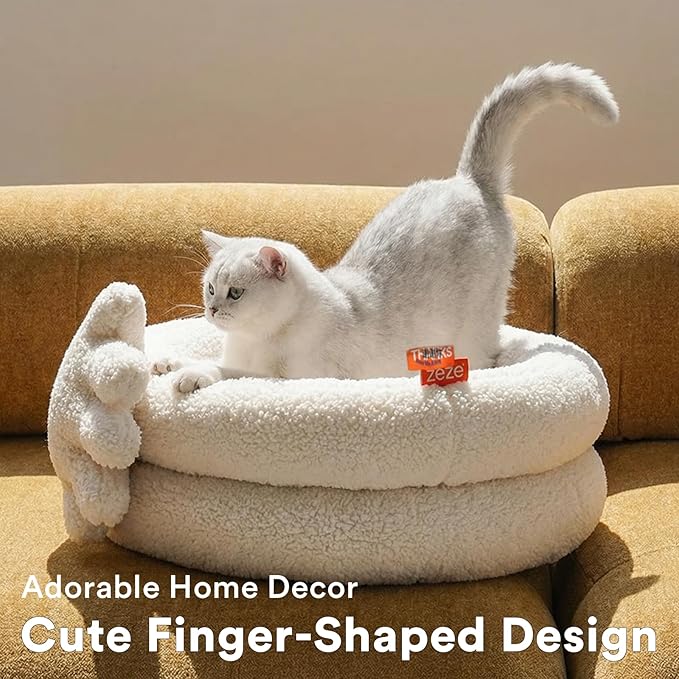 ZEZE Hugging Hand Cat Bed – Cozy Fleece Round Nest for Cats & Small Pets, Plush Supportive Cushion, Washable Cover, Modern Neutral Design, 21 x 26 x 9 Inches