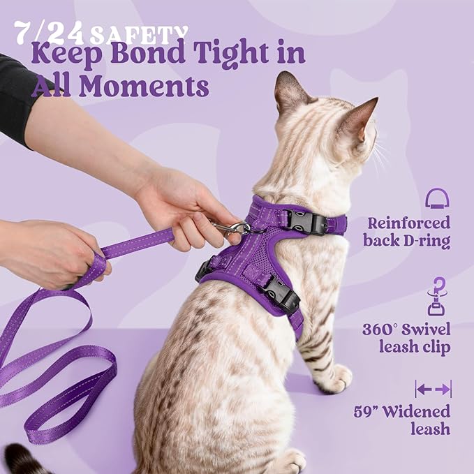 rabbitgoo Cat Harness and Leash, Escape Proof Vest with 3 Adjustable Buckles, Soft Comfortable Kitten Harness, Easy to Wear, Reflective for Safe Outdoor Walking, XS, Purple