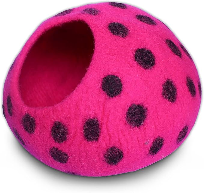Woolygon Premium Felt Cat Cave Bed – Wool Kitty Beds Handcrafted Kitten Caves Bed for Indoor Cats - Made from Merino Wool, Foldable Cat Hideaway Covered Cat House Pod (Pink Polka)