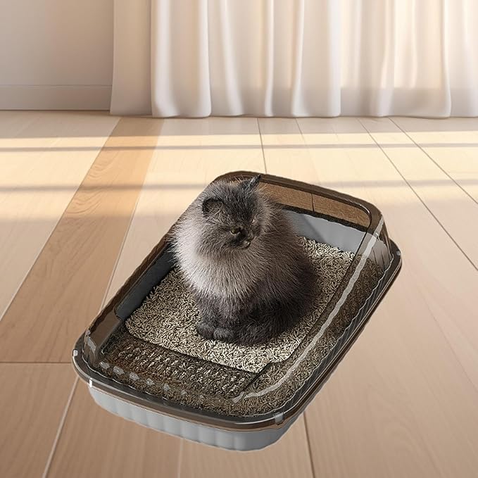 Semi-Closed Cat Litter Box with Heightened Design, Portable Splashproof Pet Toilet Tray for Indoor Cats and Small Pets- Grey