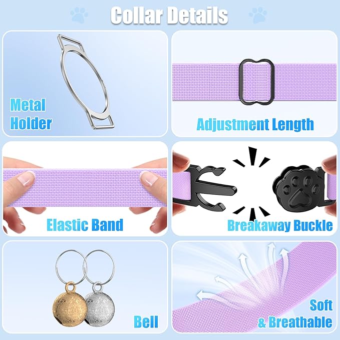 AirTag Cat Collar, Breakaway Air Tag Cat Tracker Collar with Integrated Airtag Holder Compatible with Apple Air Tag, Ultra Elastic & Comfortable Pet Tracking Collars for Cats Kittens (Purple)