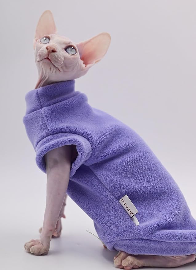 Hairless Cat Clothes Autumn/Winter Warm Fleece Super Soft Stretch Cat Clothes for Sphynx,Devon, Konis,Small Cats and Dogs (Purple, Small)