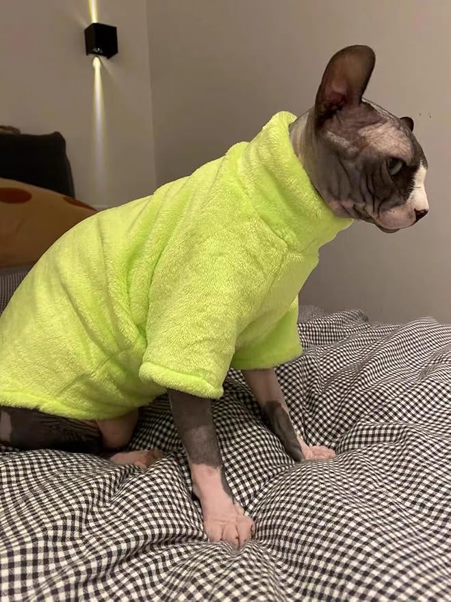 Sphynx Cat Clothes Winter Turtleneck Soft Coral Fleece Cat Clothes Thicken Warm Pajamas Coat for Hairless Cats and Small Cat Apparel with Sleeves (Fluorescent Green, XL (9.3-12.7lbs)