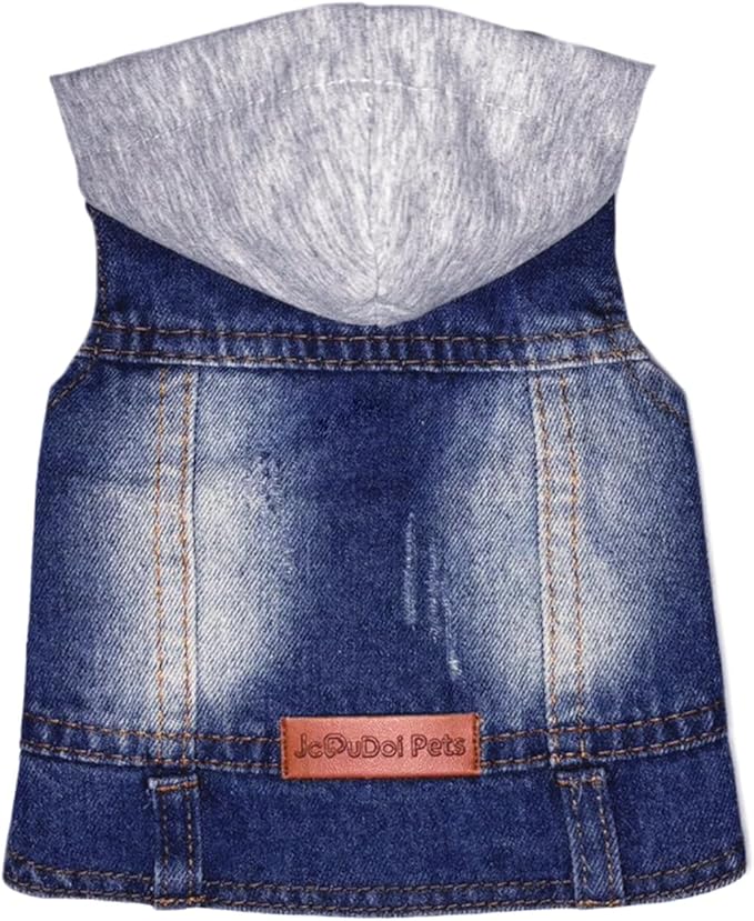Dog Jeans Jacket with Hooded Denim Pet Coat for Puppy Small Dogs Classic Overalls Male Cat Costumes Washed Vest Clothes Outfit T-Shirts(Hoodie Small)