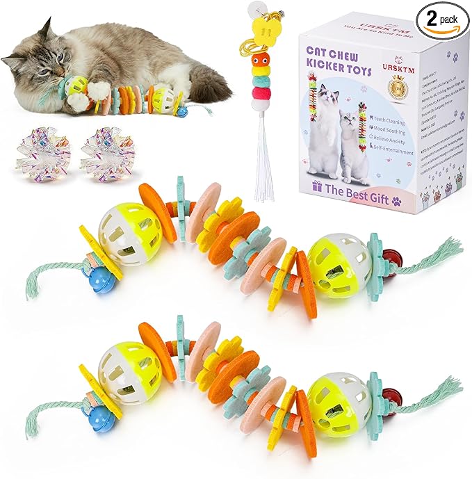 2 Pack Cat Toys with Catnip Bell Sound, Durable Interactive Cat Chew & Kicker Toys for Indoor Kittens & Cats Exercise, Safe Kitten Teething Toys for All Breeds Self Play, 7.8 Inchs, Colorful
