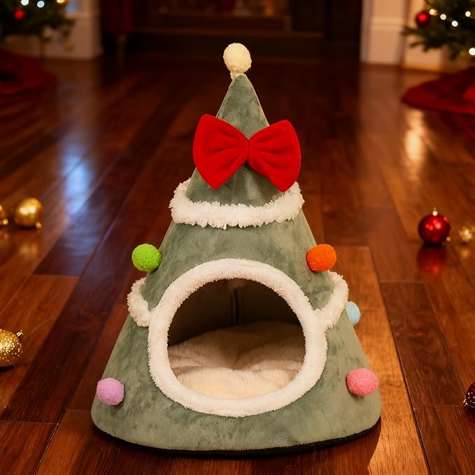 Christmas Cat House - Velvet Pet Tree House Nest, Warm Winter Sleeping Bag, Washable Furniture, Small Medium Large Breeds | Suitable for Bedroom Balcony Living Room Playing Resting Napping