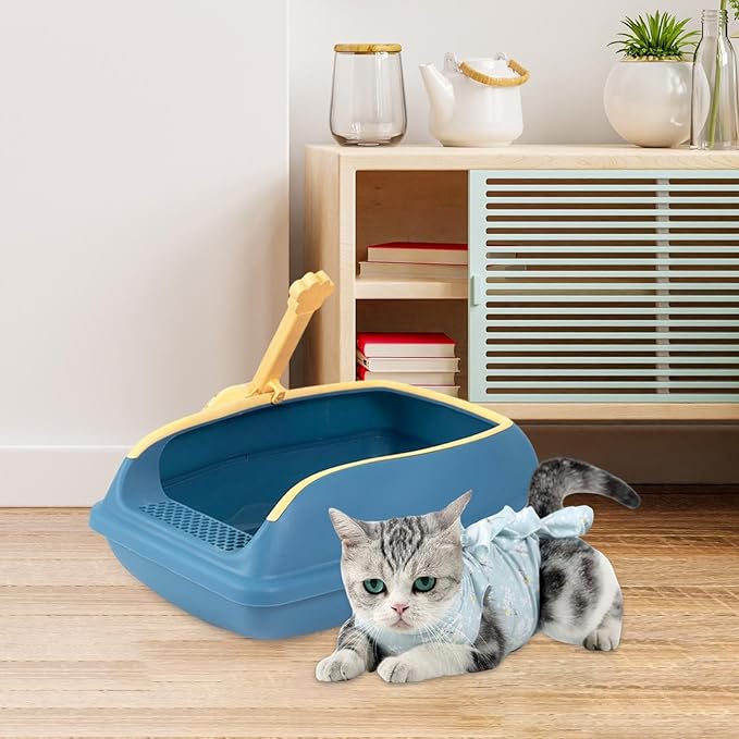 Cat Litter Box Open Top High Sided Anti Splashing Litter Tray with Scoop for Indoor Cats Kittens (2 Sizes)- L Blue