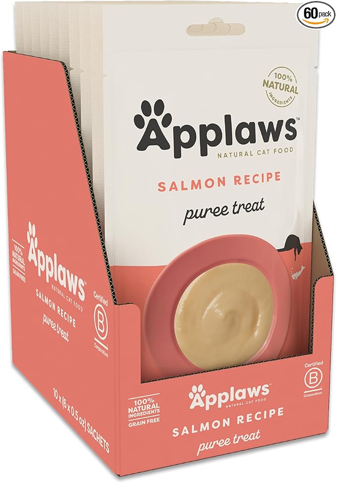 Applaws Lickable Cat Treats, Natural Grain-Free Purée, Made with Limited and Natural Ingredients, No Artificial Additives, Salmon Squeeze Up Cat Treats (60 x 0.5 oz Sachets)