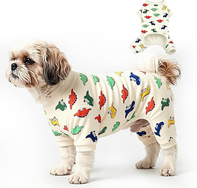 Dog Pajamas Polyester Dog Pajama Cozy Dog Pjs Soft Dog Onesie Pajamas for Dogs Stretchy Dog Pajamas Dog Clothes with Dinosaur Pattern, Large