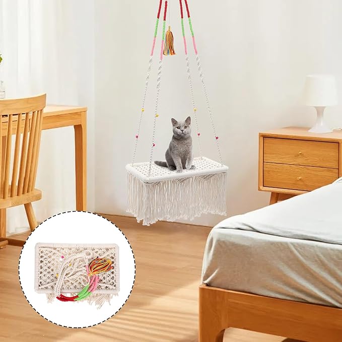 KALLORY Macrame Hanging Cat Bed Hammock Decorative Boho Cat Swing Bed Small Kitten Nest Indoor Household Pet Furniture